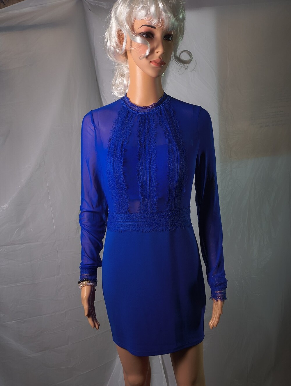 Windsor Royal Blue Long-Sleeve Lace Panel Mini Dress